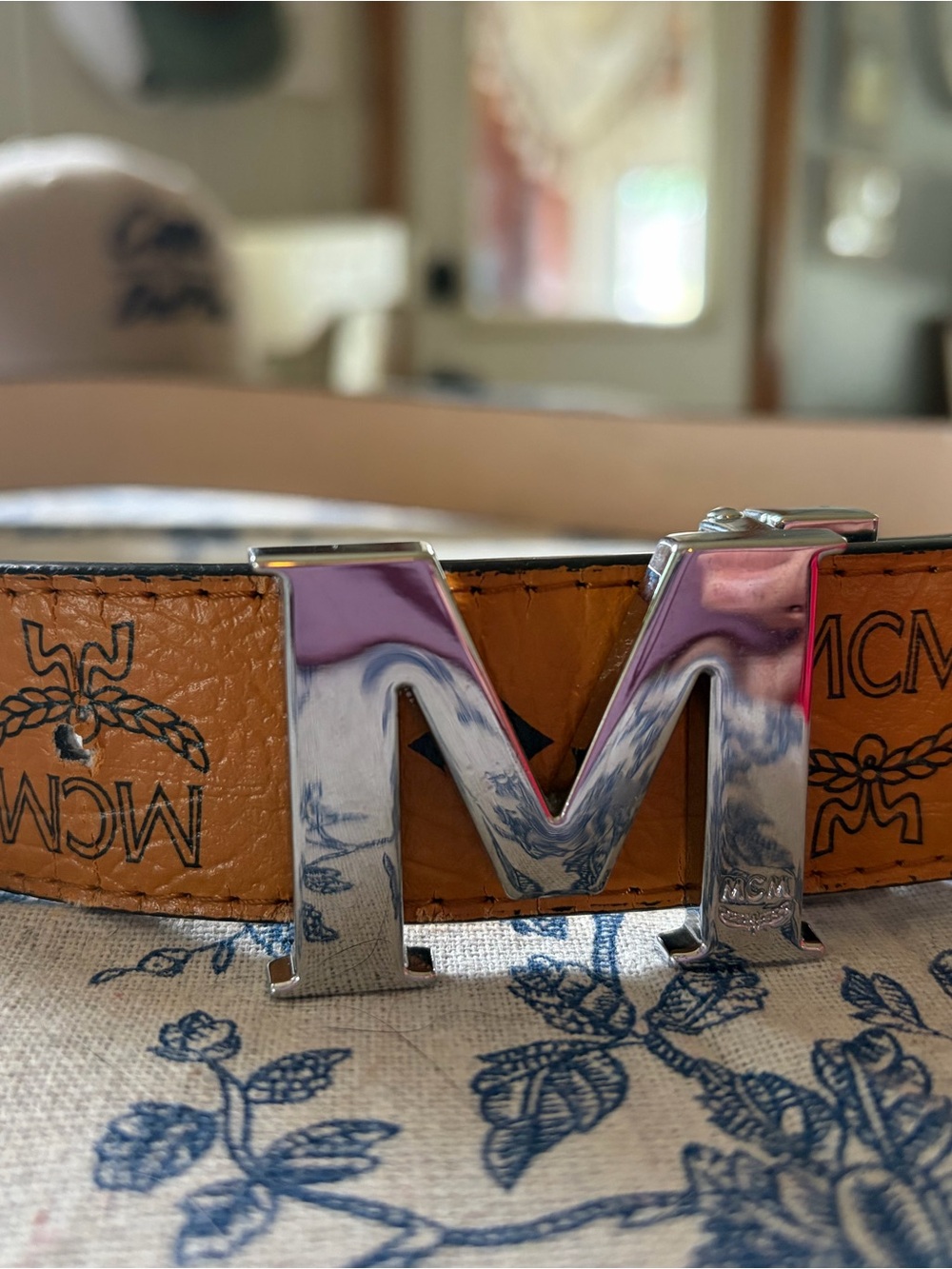 MCM Beige Embossed Genuine Leather Belt